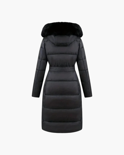 Manteau long femme matelassé avec ceinture et capuche