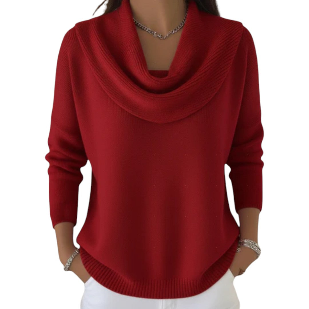pull femme en maille col drapé, coloris rouge