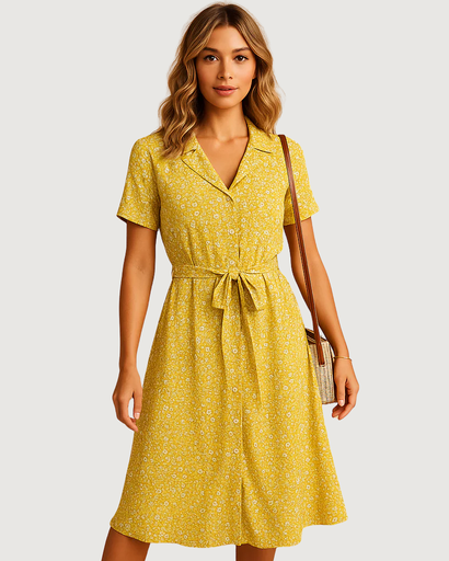 Robe midi à fleurs avec manches courtes et ceinture nouée