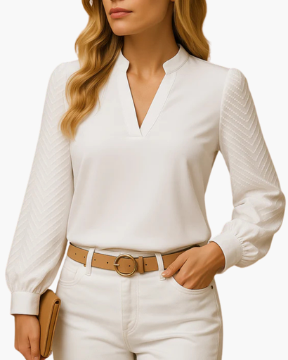 Top femme col en V avec manches à motif structuré