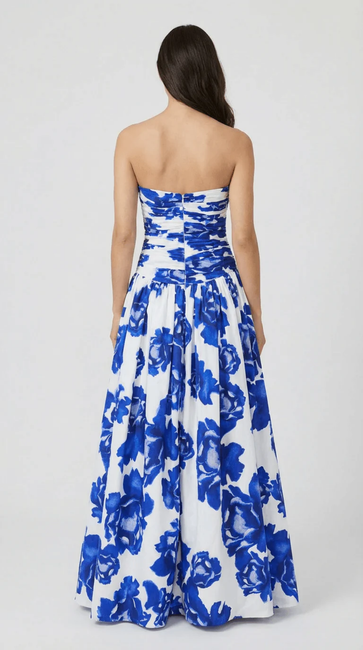 Robe Longue Femme Imprimé Floral Bleu & Blanc Sans Bretelles