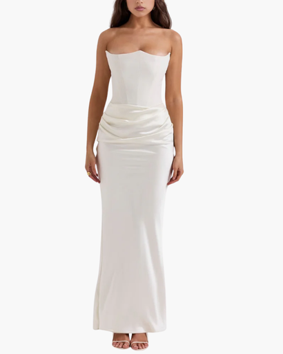 Robe Longue Bustier Satinée – Élégance Romantique Rose Poudré