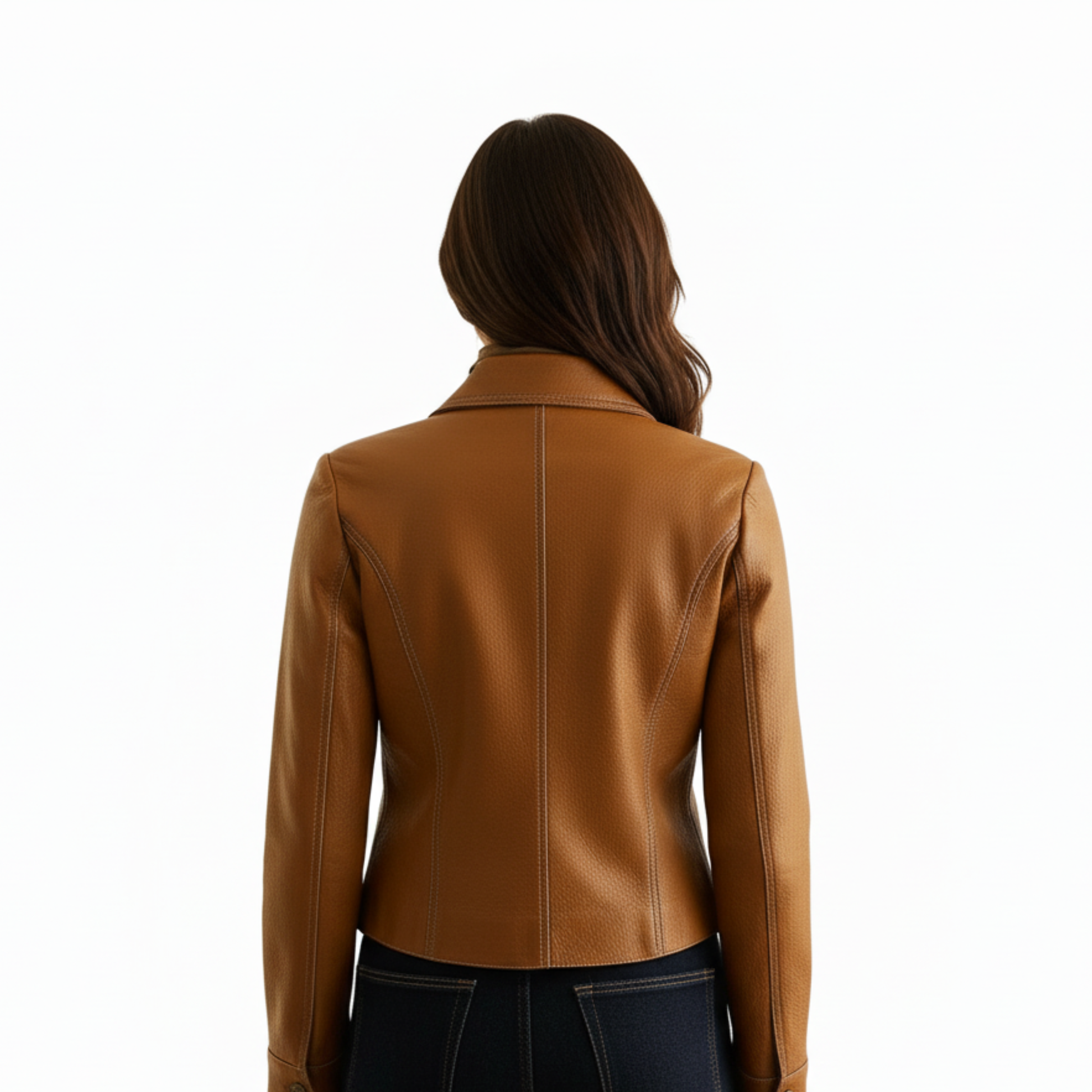 Veste femme aspect cuir marron cintrée, vue de dos