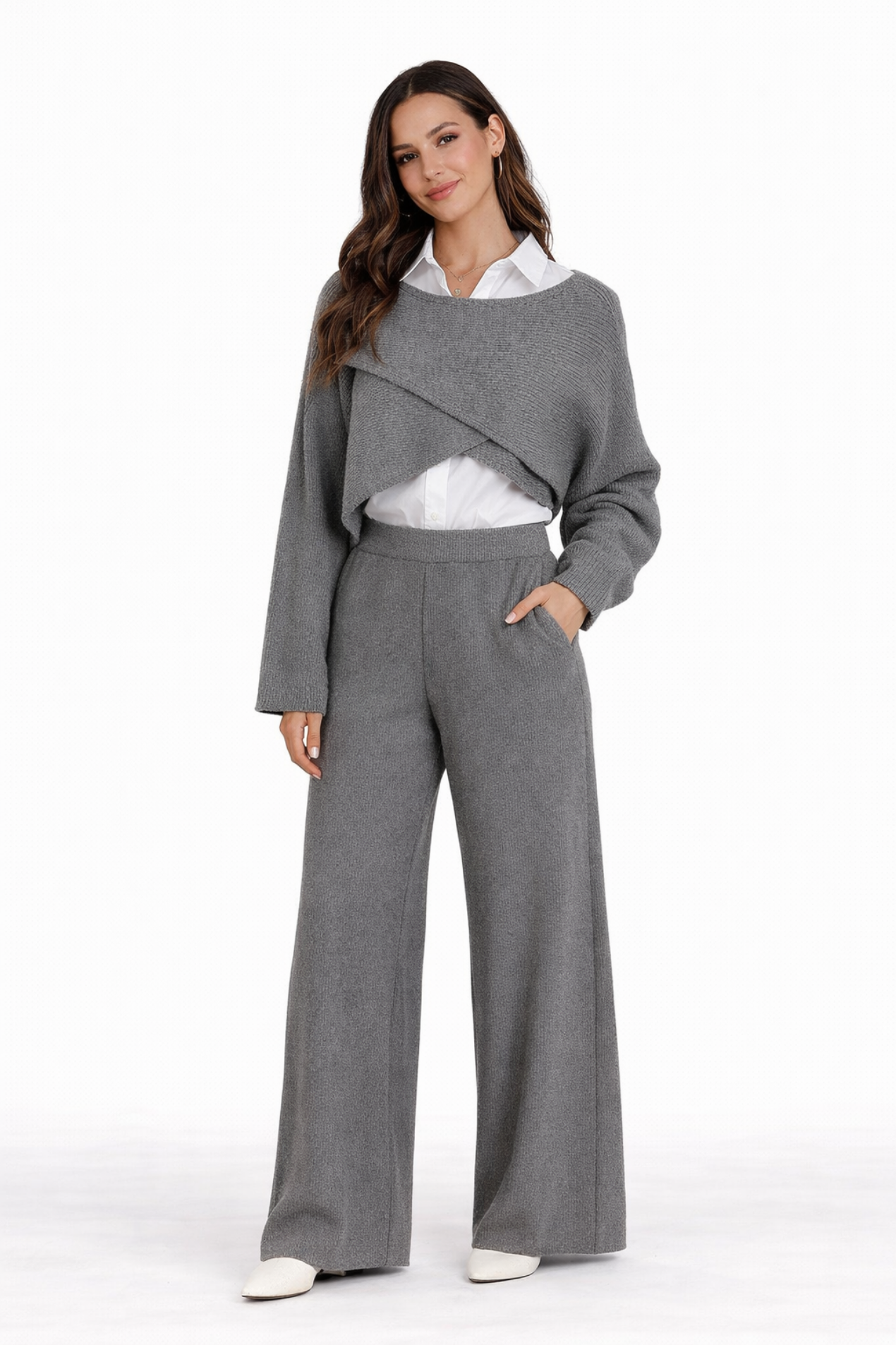 Ensemble Femme 3 Pièces Confortable – Pull Croisé, Chemise Et Pantalon Large