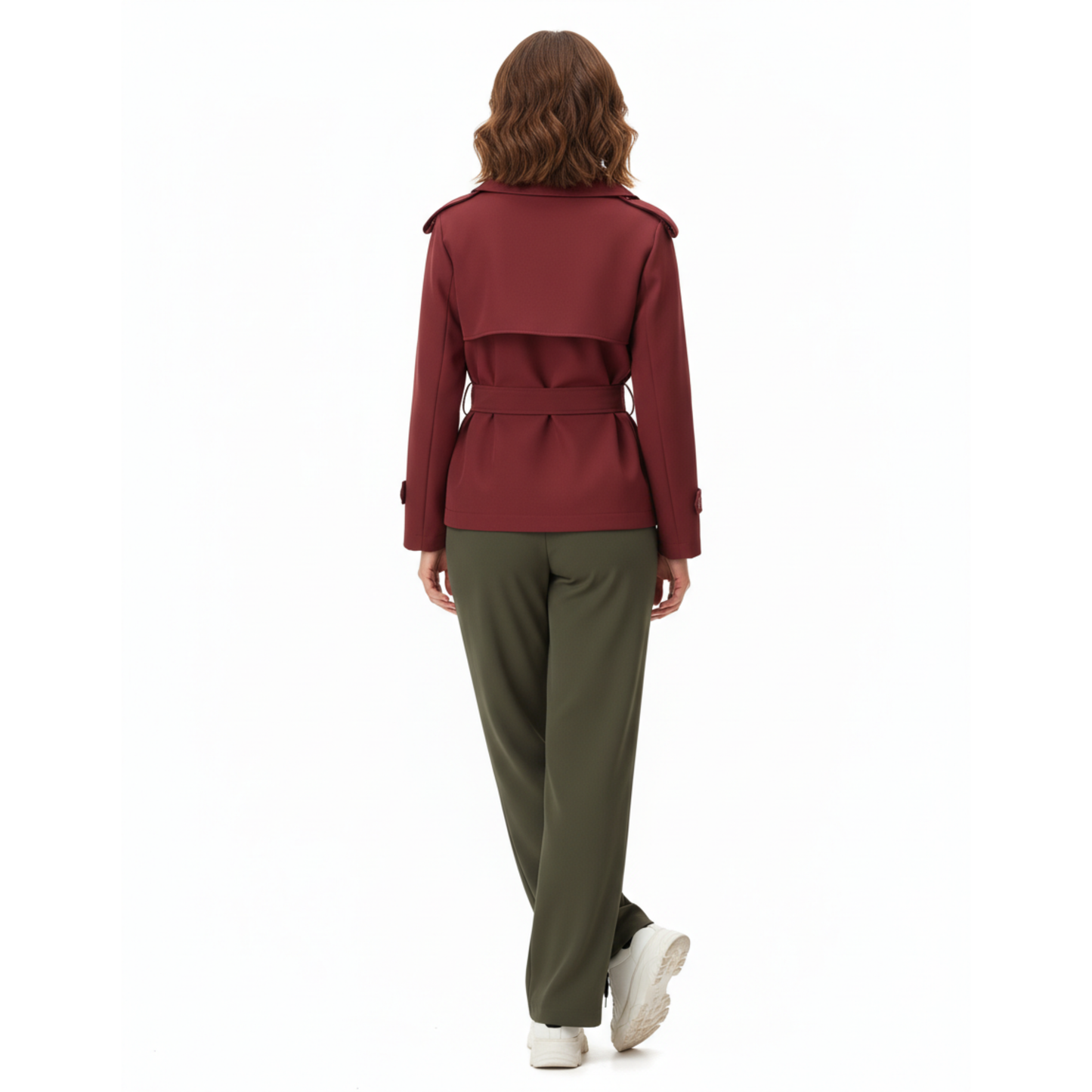 trench-coat court en polyester pour femme, gros plan sur la ceinture