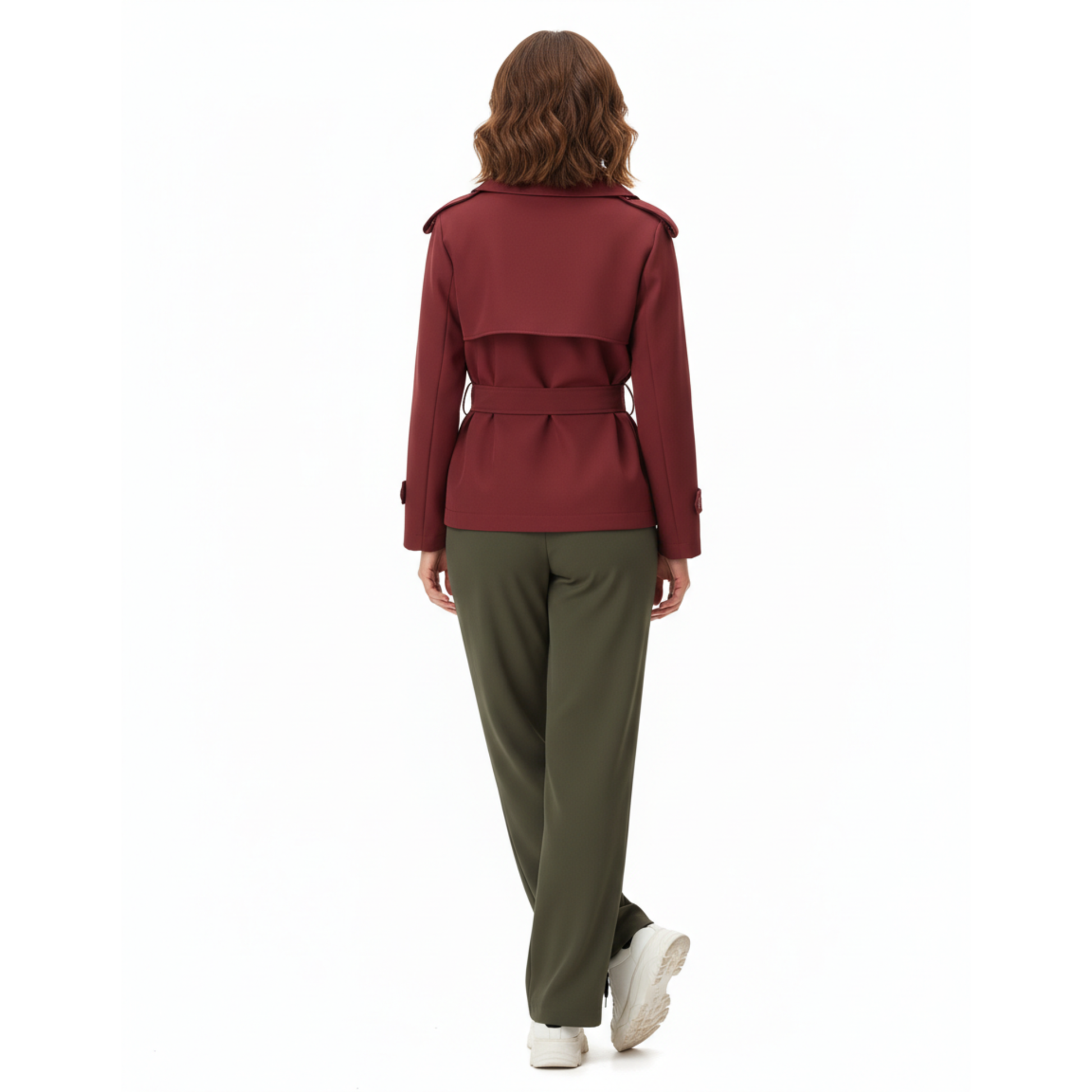trench-coat court en polyester pour femme, gros plan sur la ceinture