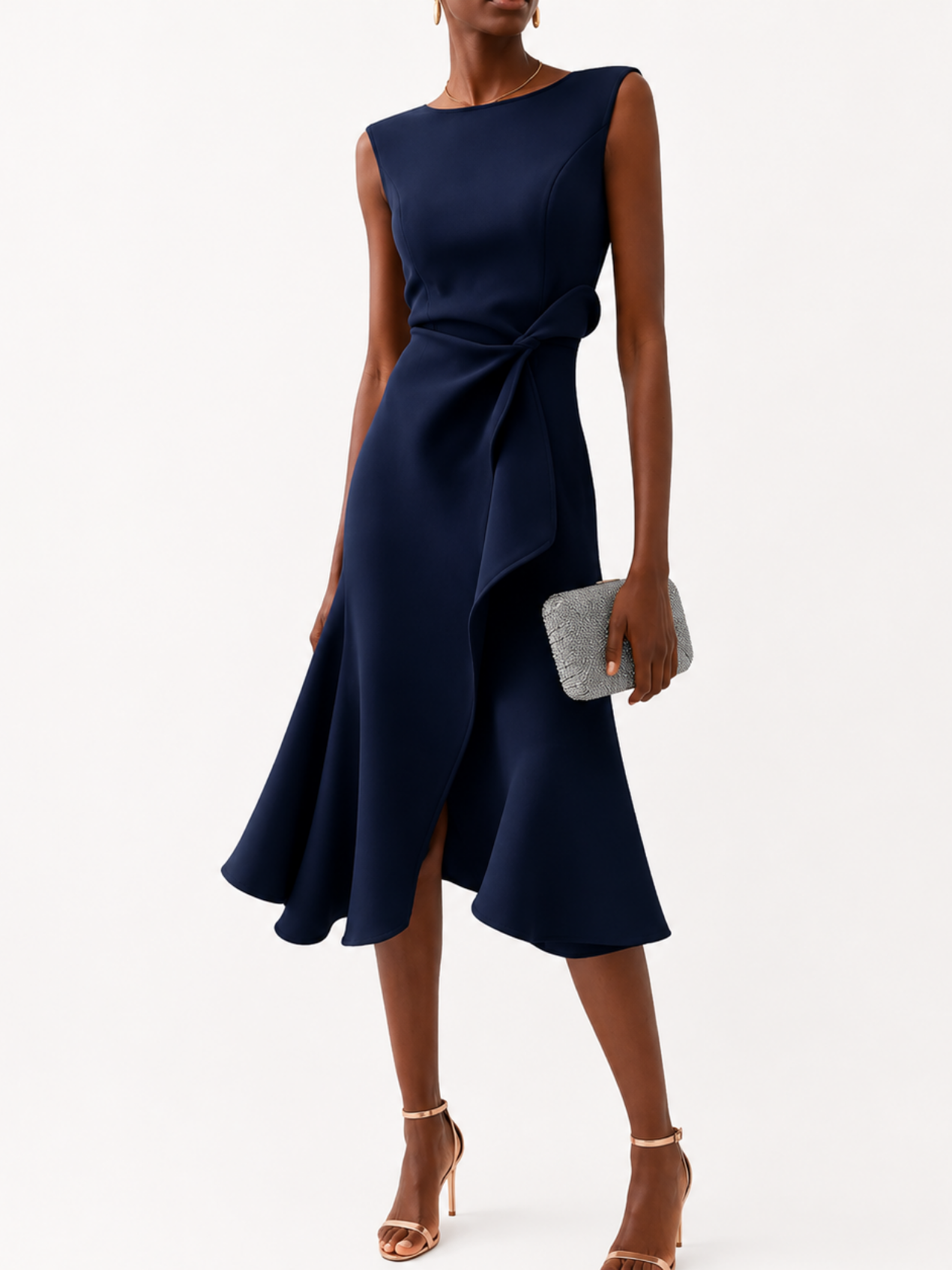 Robe Midi Femme Satinée Drapée – Sans Manches & Évasée | Cérémonie & Invitée Mariage Chic