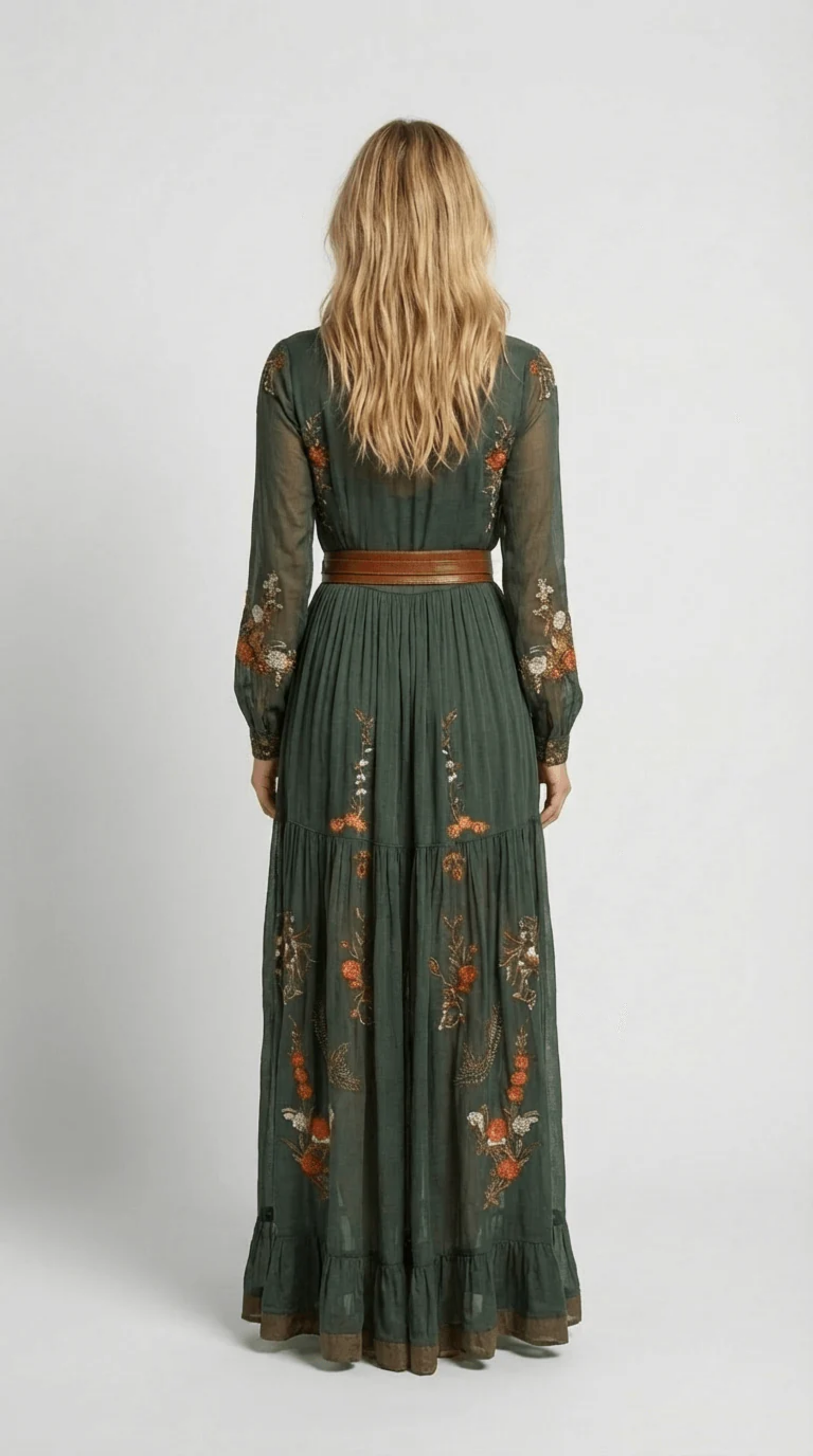Robe Longue Bohème Femme Vert Foncé avec Broderies Florales