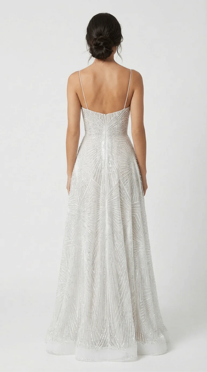 Robe Longue Élégante Femme à Bretelles Fines avec Motif Texturé