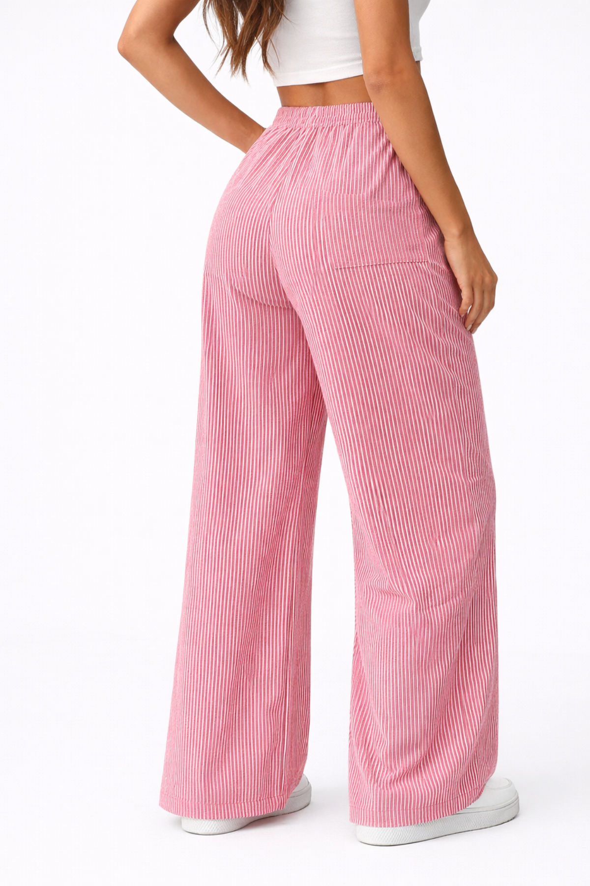 Pantalon femme rayé rose, vue de dos