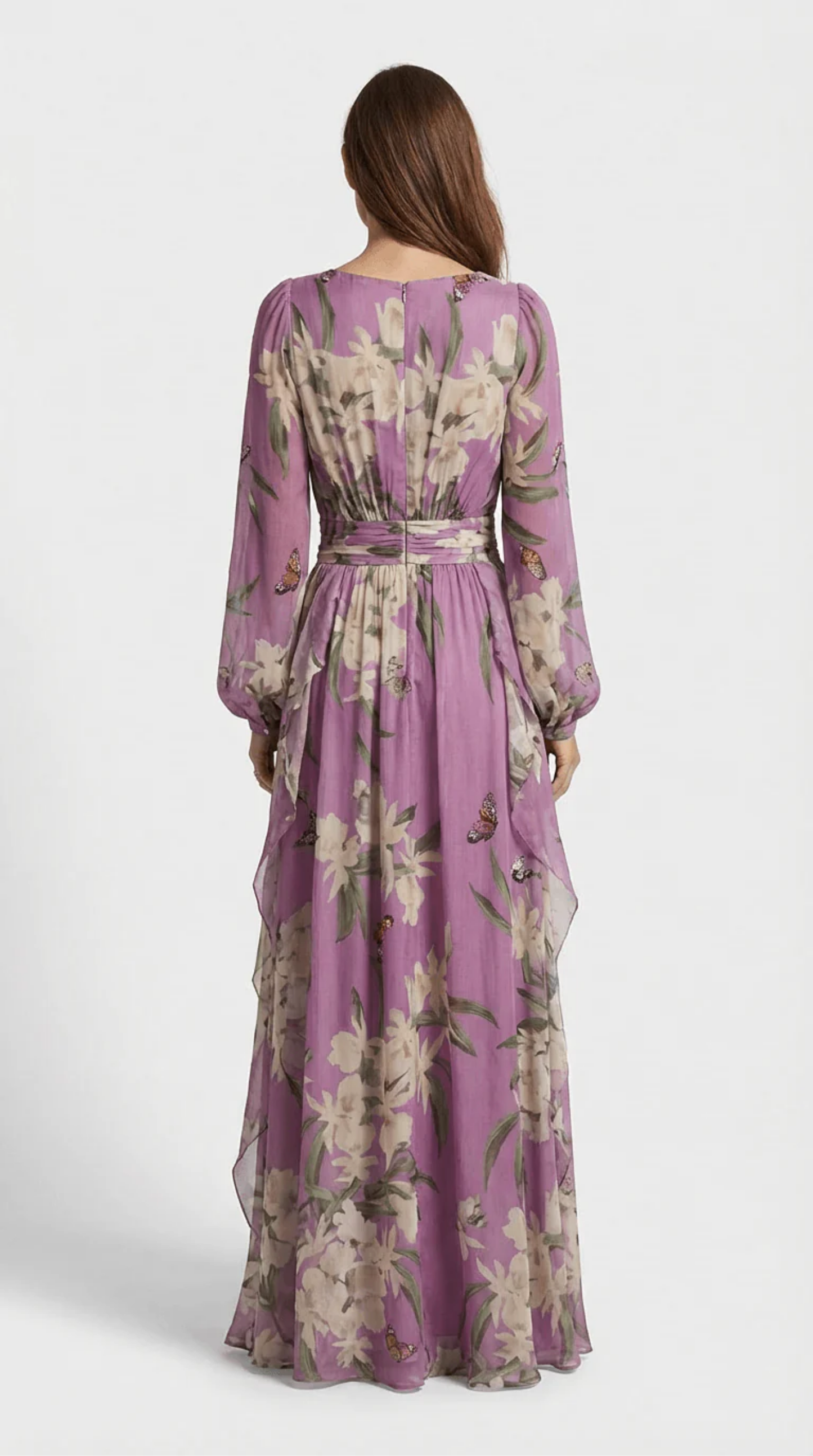 Robe Longue Fleurie Femme à Décolleté Cache-Cœur et Manches Longues