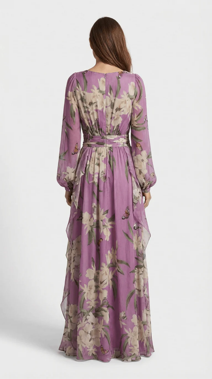 Robe Longue Fleurie Femme à Décolleté Cache-Cœur et Manches Longues