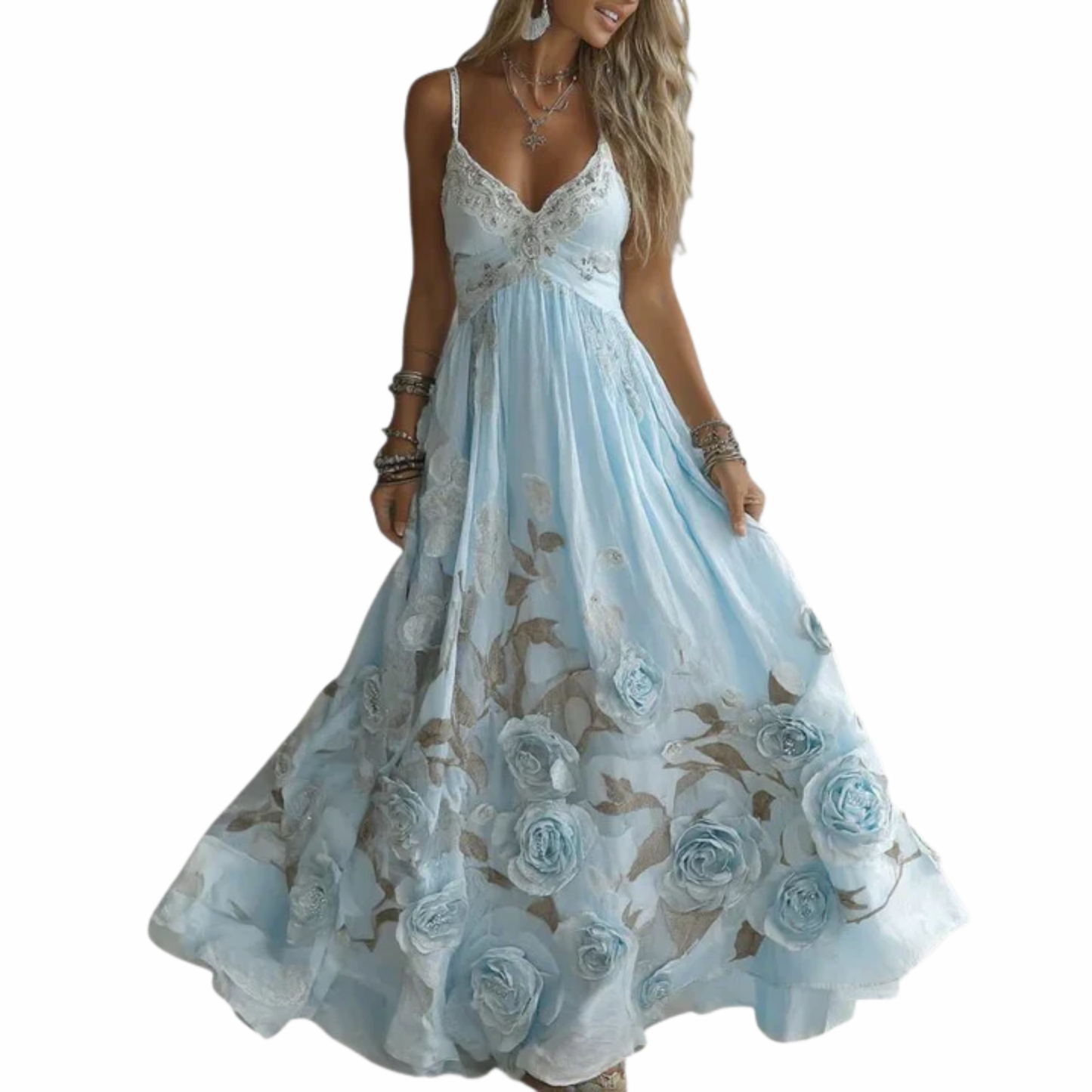 Robe Longue Femme – Bohème Fleurie Col en V, Invitée de Mariage | Robe Maxi Cérémonie