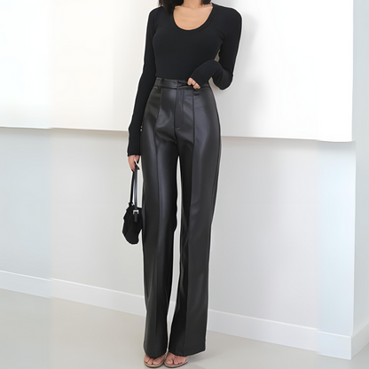 pantalon aspect cuir noir femme, vue de côté