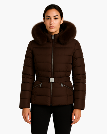 Doudoune Femme Ceinturée avec Capuche en Fausse Fourrure – Élégance & Chaleur
