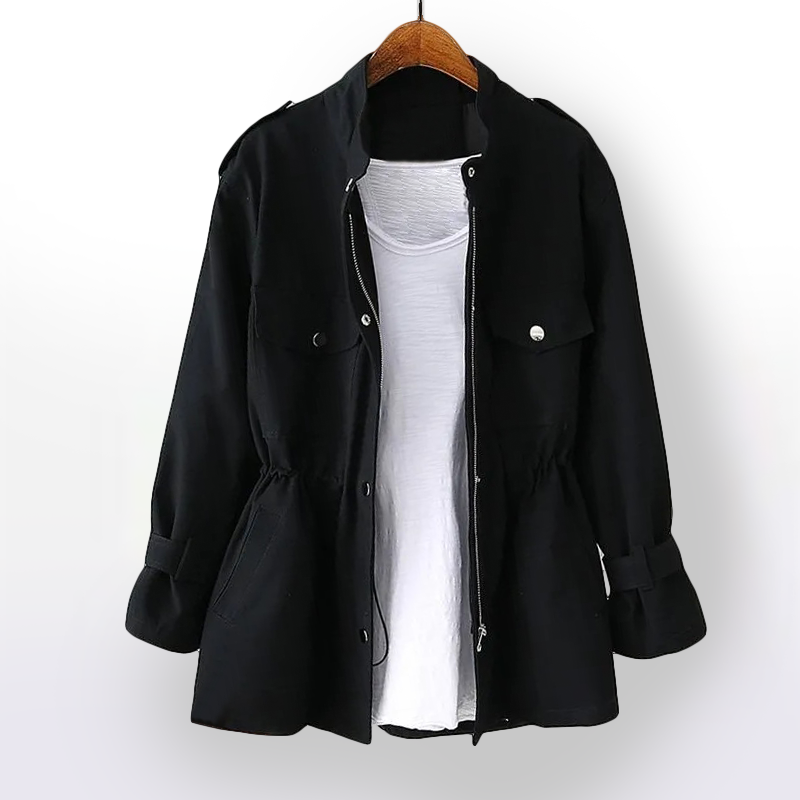 veste élégante femme noire, vue de face