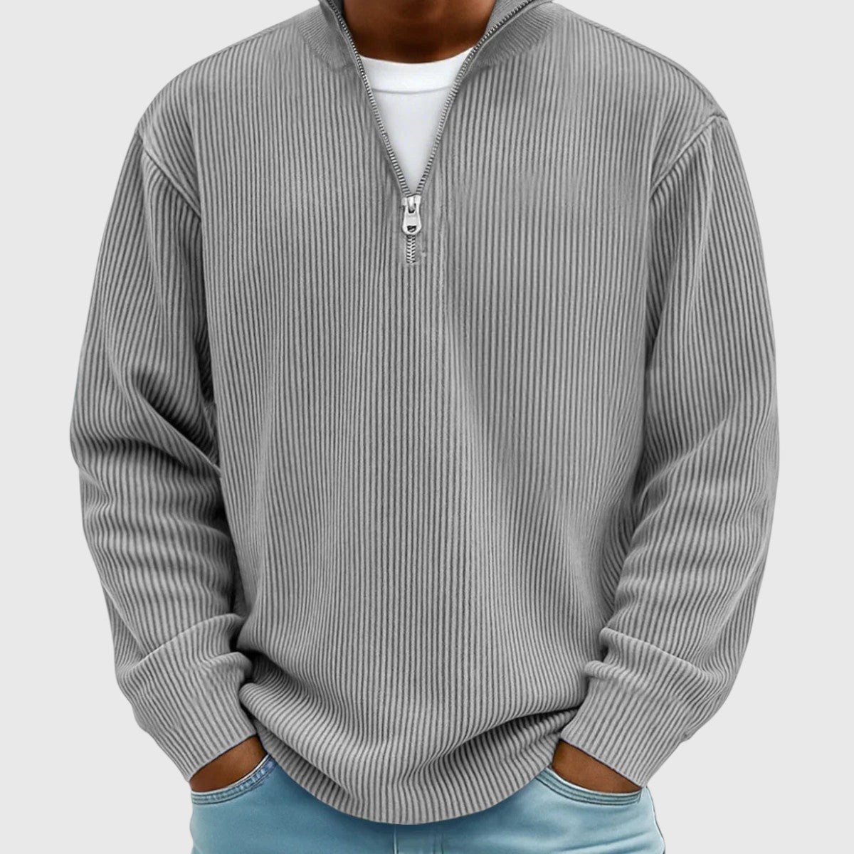 pull femme col montant demi-zip, coloris gris
