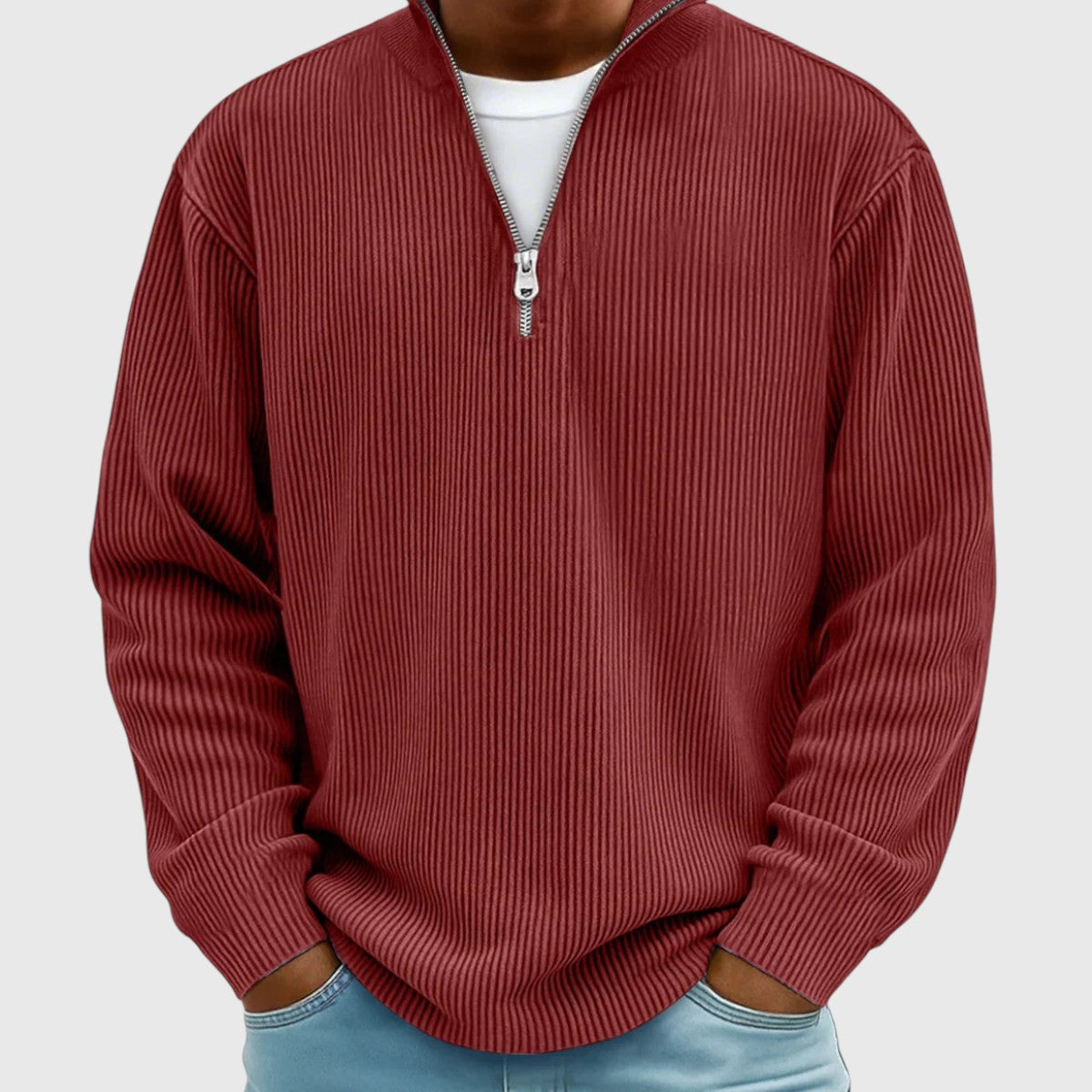 pull femme col montant demi-zip, coloris rouge