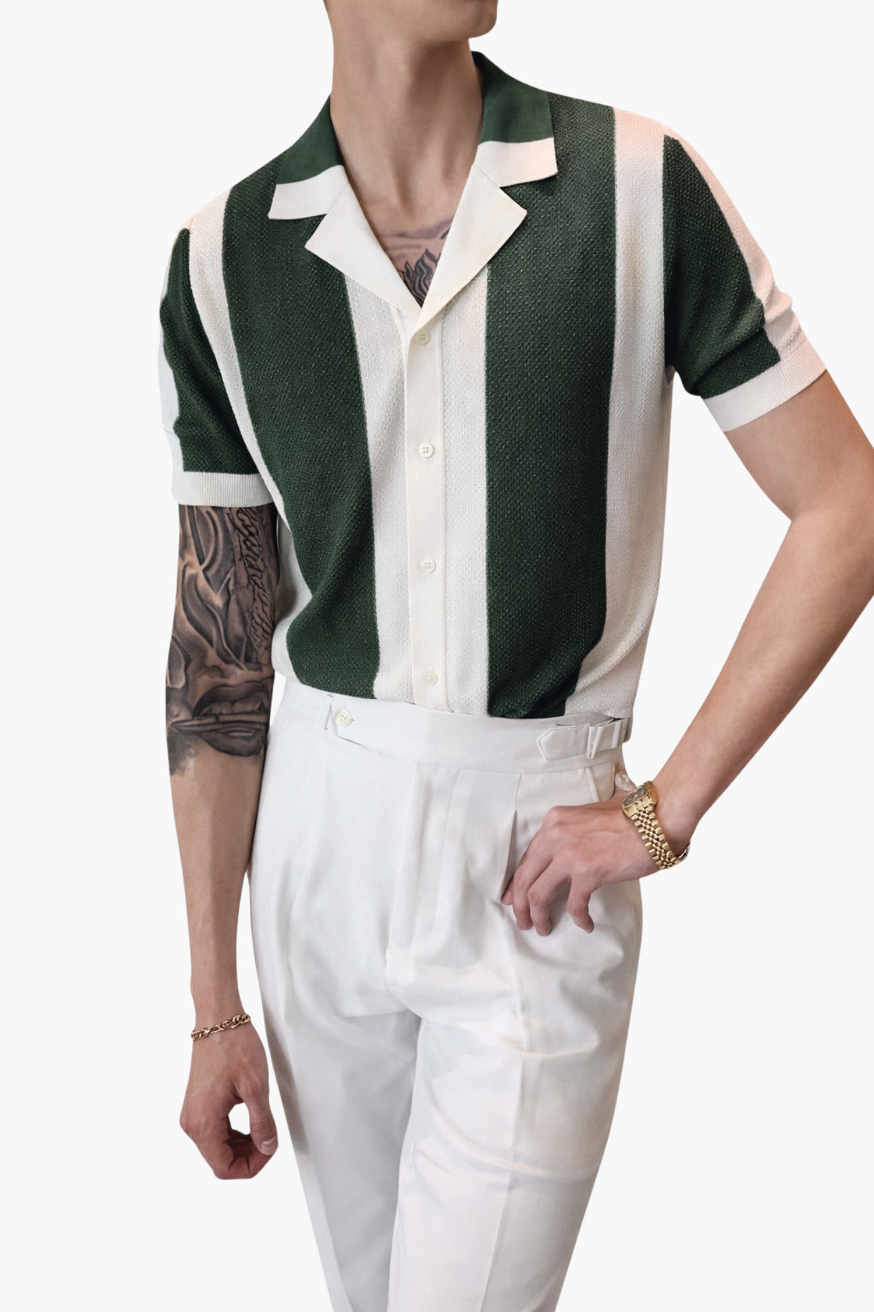 Chemise Homme Tricotée Rayée – Style Resort Élégant à Manches Courtes