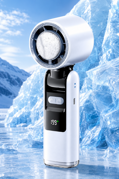 Ventilateur de Cou Pliable 2-en-1 – Poche de Glace, Portable & Mains Libres