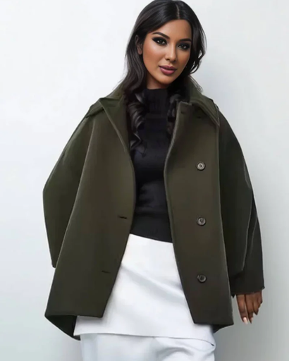 Manteau Femme – Élégant en Laine Mélangée avec Col Revers et Manches Chauve-Souris