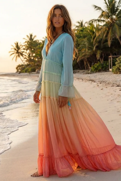 Robe Longue Femme Bohème Volantée – Robe Fluide Col V à Ourlet Asymétrique