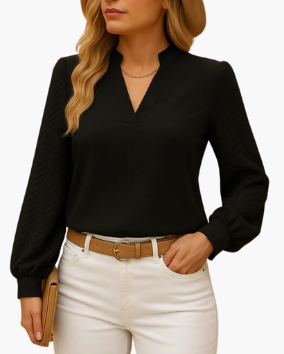 Top femme col en V avec manches à motif structuré