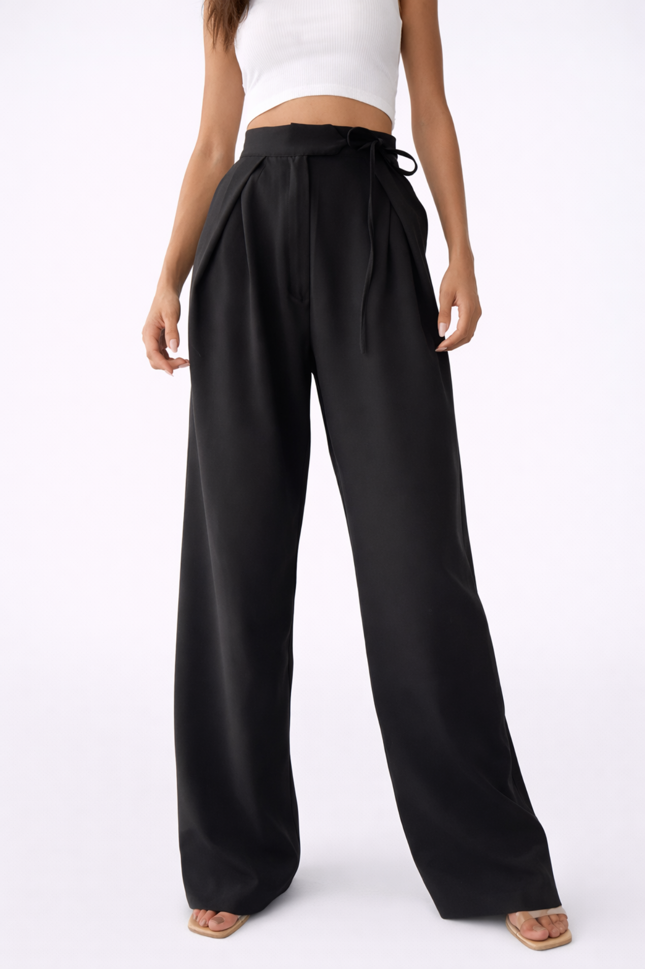 Pantalon Femme Large Taille Haute – Coupe Fluide avec Détail Noué