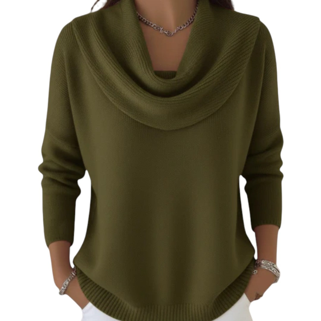pull femme en maille col drapé, coloris vert