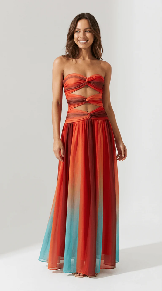 Robe Longue Femme Dégradé Multicolore à Découpes Élégantes