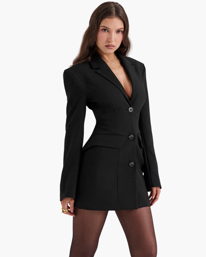 Robe Blazer Femme Noire Structurée – Coupe Élégante & Manches Longues | Bureau & Invitée Mariage