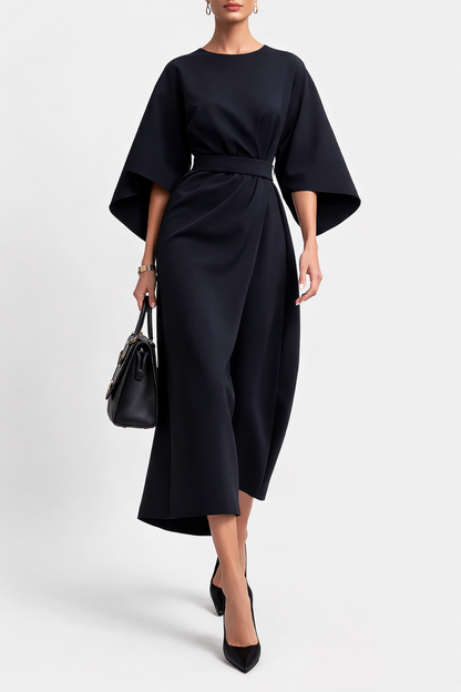 Robe midi élégante femme taille ceinturée manches larges robe chic moderne