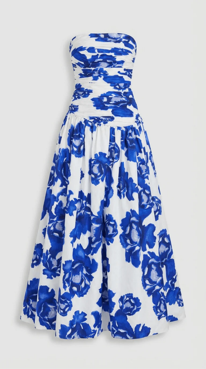 Robe Longue Femme Imprimé Floral Bleu & Blanc Sans Bretelles