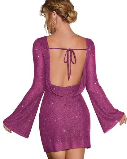 Robe pailletée femme élégante – Robe fluide avec dos ouvert et manches longues