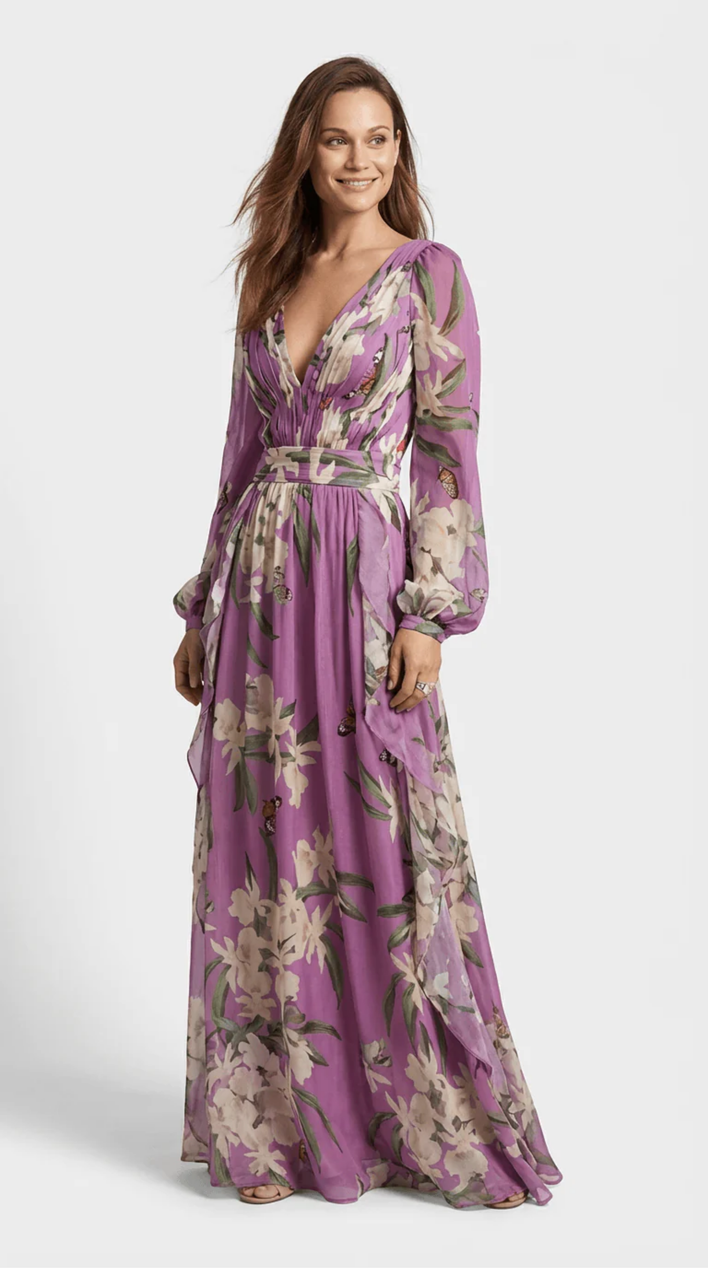 Robe Longue Fleurie Femme à Décolleté Cache-Cœur et Manches Longues