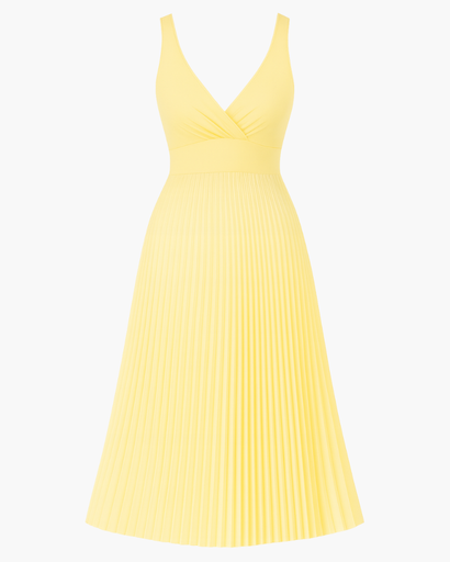 Robe Midi Femme Col V Jupe Plissée – Structurée & Évasée | Cérémonie & Cocktail Élégant
