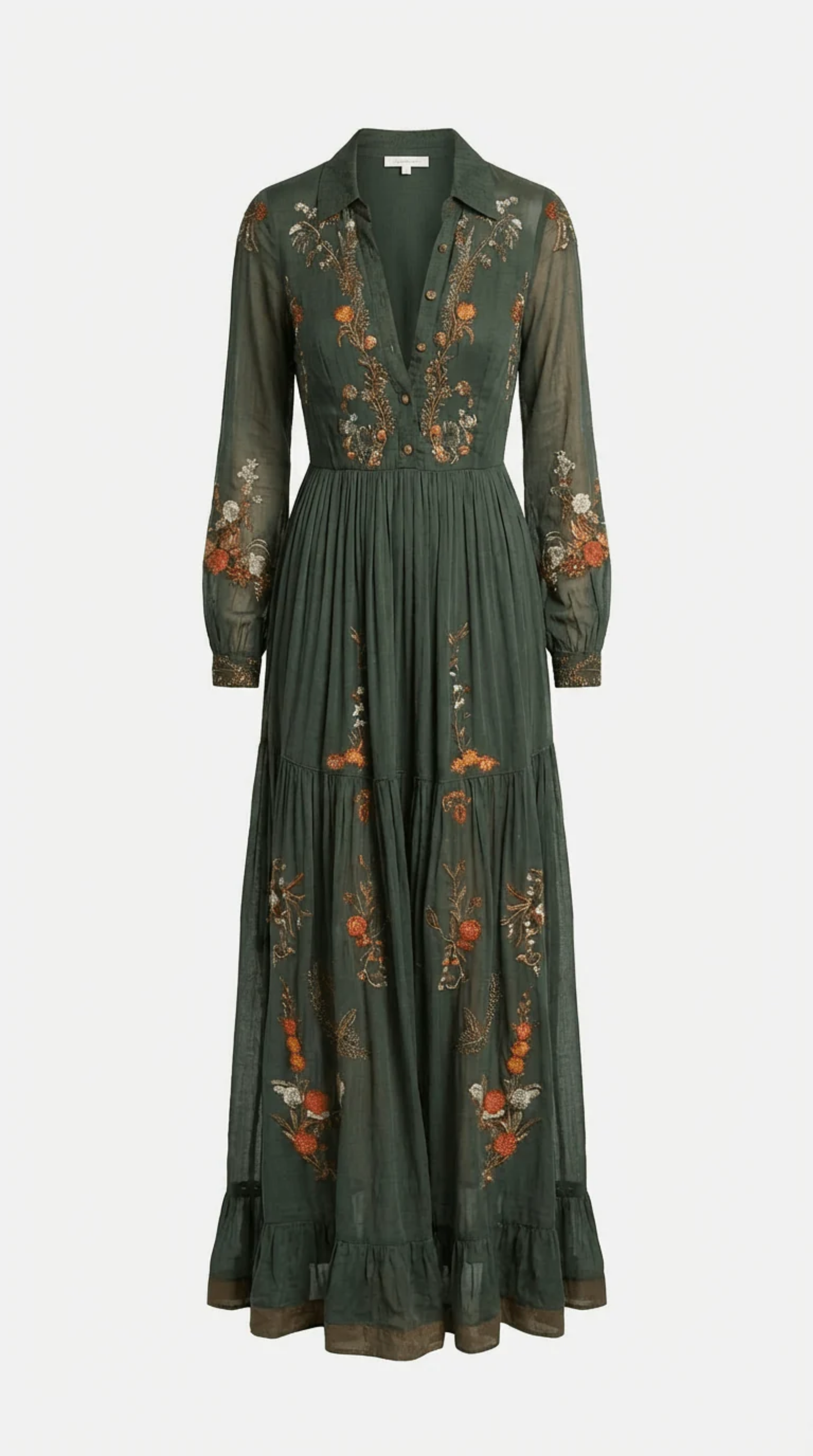 Robe Longue Bohème Femme Vert Foncé avec Broderies Florales