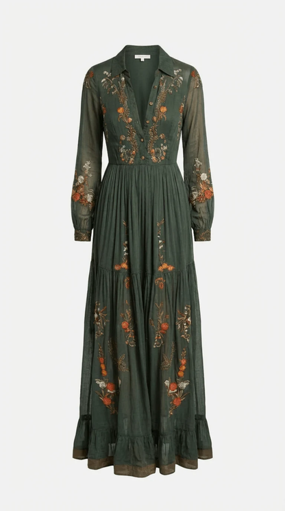 Robe Longue Bohème Femme Vert Foncé avec Broderies Florales