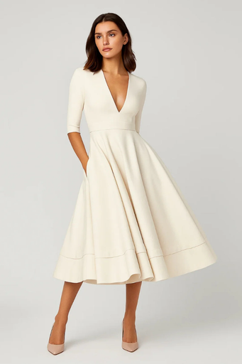 Robe Midi Évasée Femme Col V – Manches 3/4 & Volume Flatteur | Cocktail & Mariage Chic