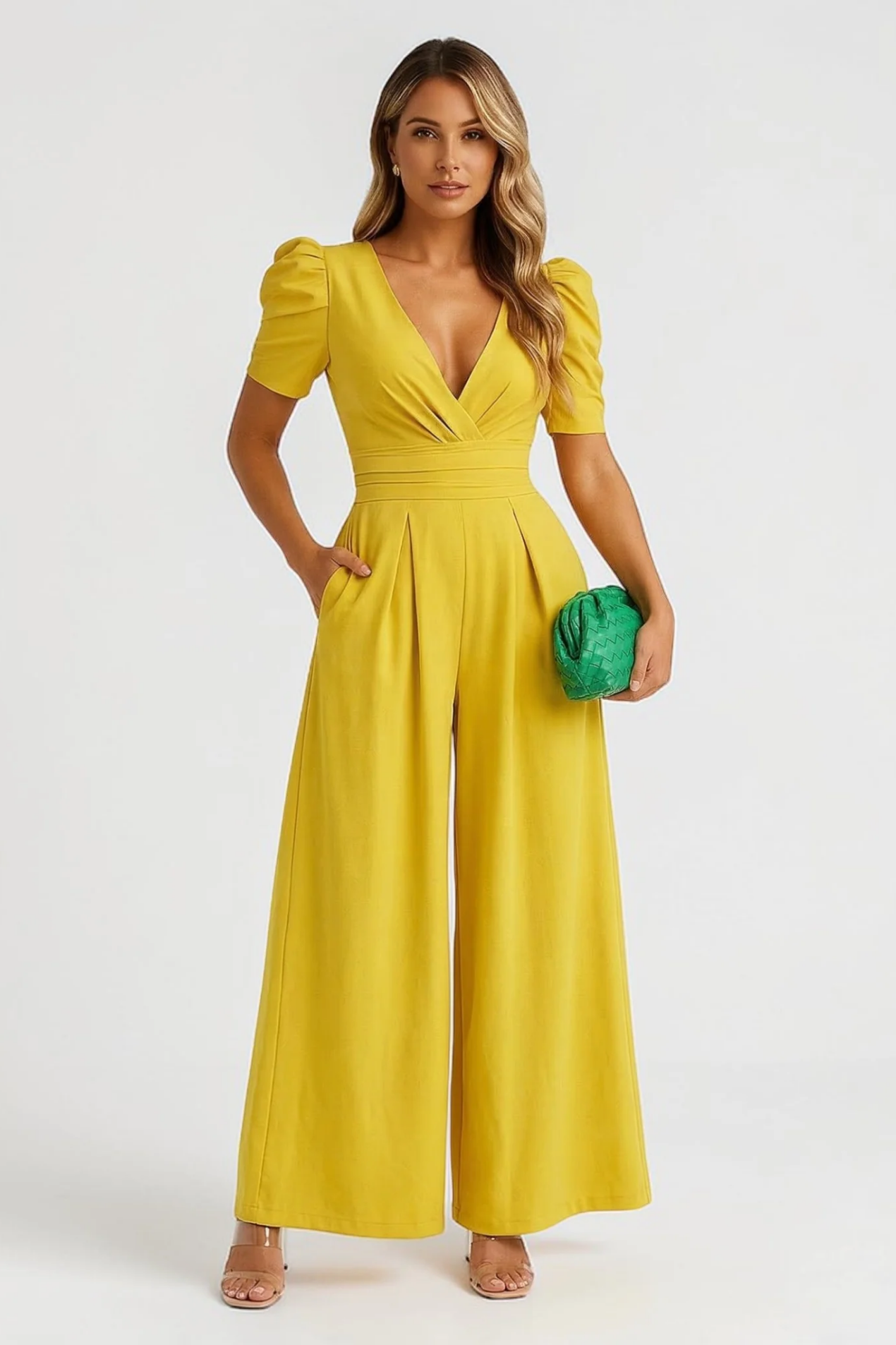 Combinaison Femme Élégante – Col V avec Manches Bouffantes et Jambes Larges
