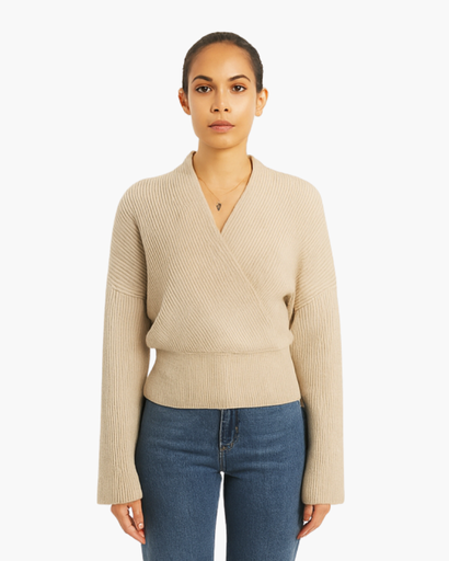 Pull Cache-Cœur Femme en Maille Côtelée – Tricot Élégant et Confortable