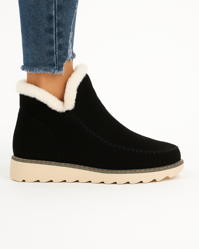 Bottines hiver femme en suédine, détail de la doublure fausse fourrure