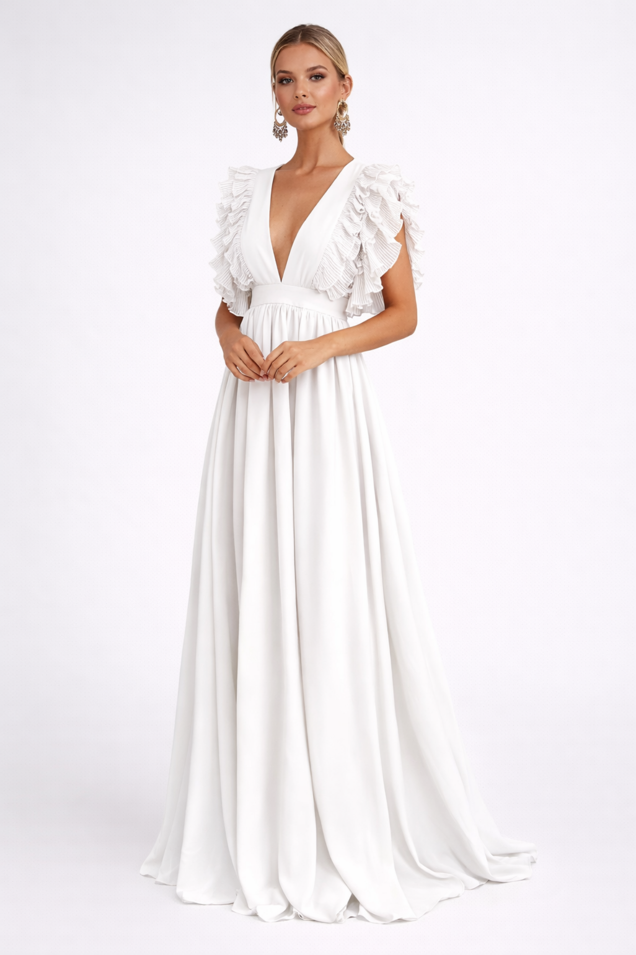 Robe Longue Femme Élégante – Décolleté Plongeant et Volants Romantiques