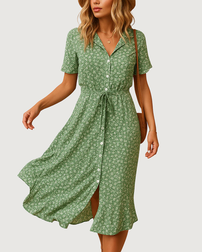Robe midi à fleurs avec manches courtes et ceinture nouée