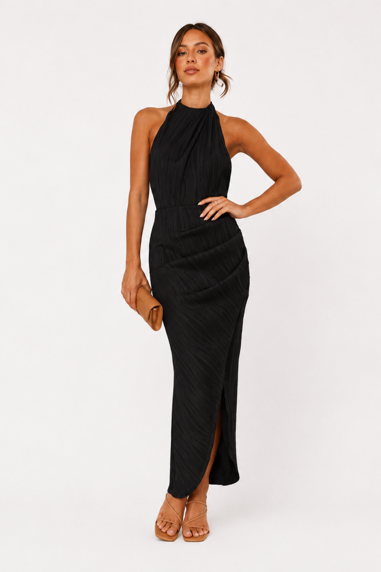 Robe Midi Femme Col Halter Drapé – Dos-Nu & Évasée | Cocktail & Invitée Mariage Cérémonie