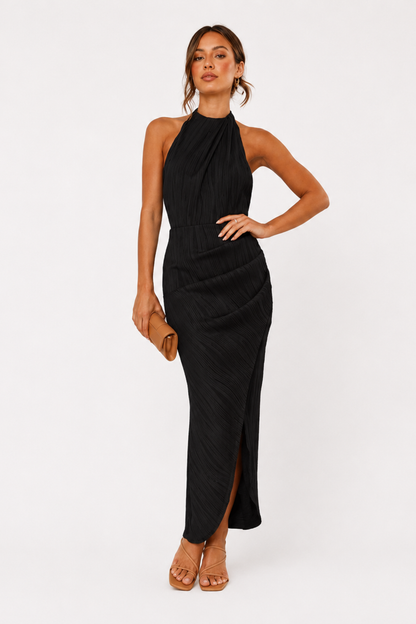 Robe Midi Femme Col Halter Drapé – Dos-Nu & Évasée | Cocktail & Invitée Mariage Cérémonie