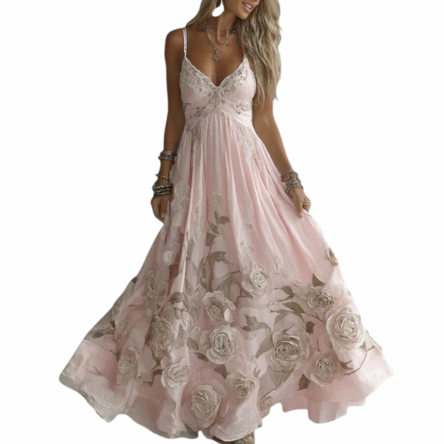 Robe Longue Femme – Bohème Fleurie Col en V, Invitée de Mariage | Robe Maxi Cérémonie