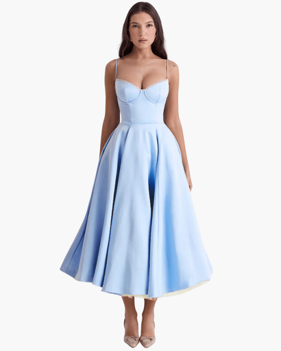 Robe Midi Corset Femme – Coupe Cintrée & Évasée | Cérémonie & Invitée Mariage Chic