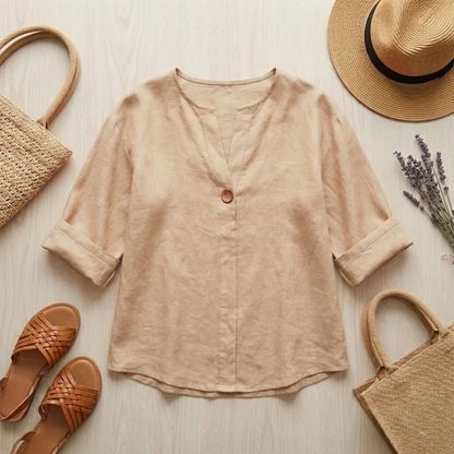 Blouse Femme en Lin – Coupe Fluide et Col en V Élégant | Blouse Respirante