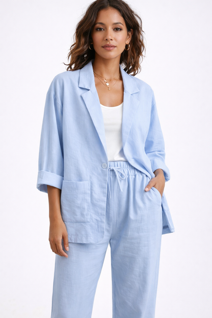 Ensemble Tailleur Femme Lin Blazer & Pantalon – Tenue Bureau Élégante | Invitée de Mariage & Style Été